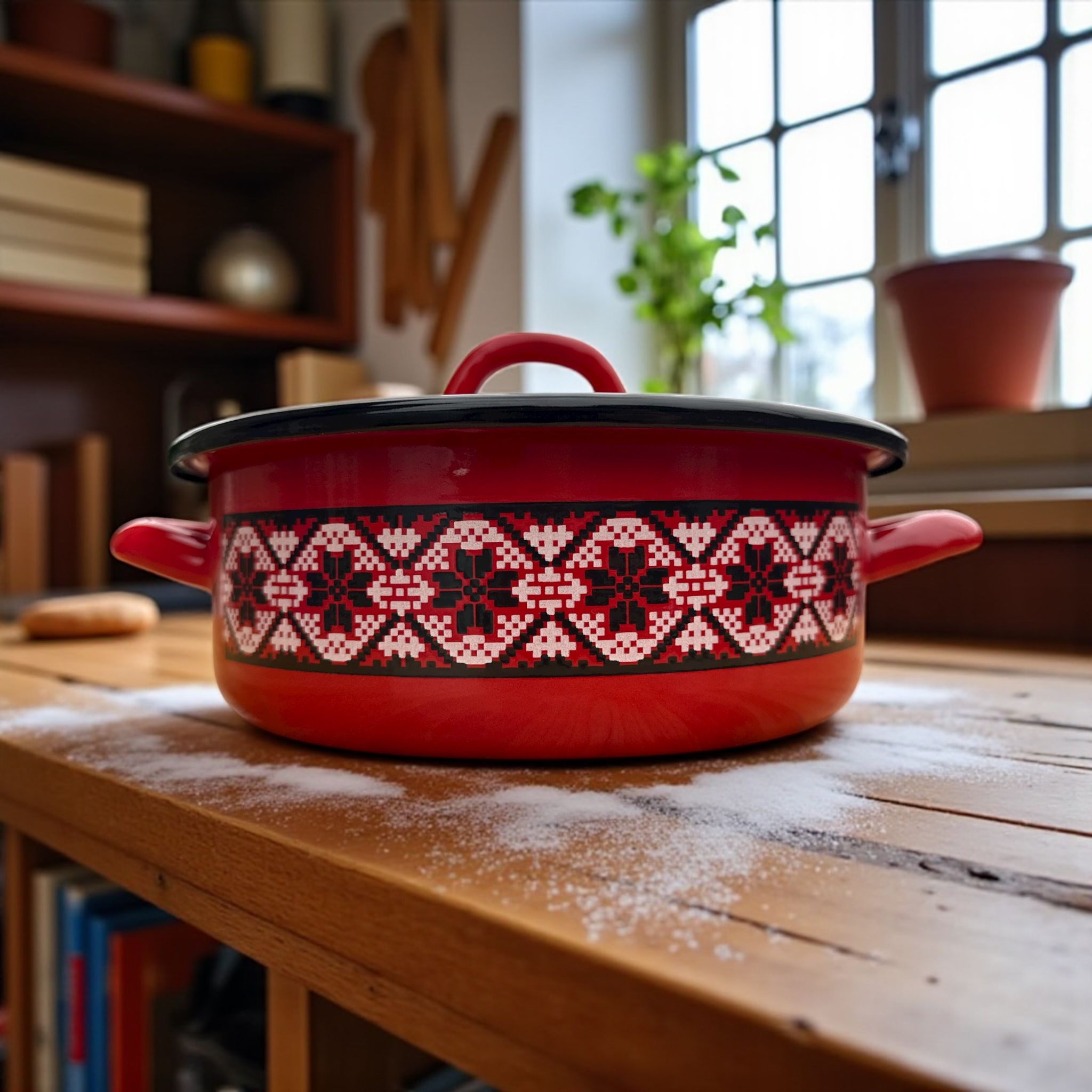 Cratiță emailată 3 L Ø21 cm cu capac – Decor tradițional Cratiță emailată 3 L Ø21 cm cu capac – Decor tradițional